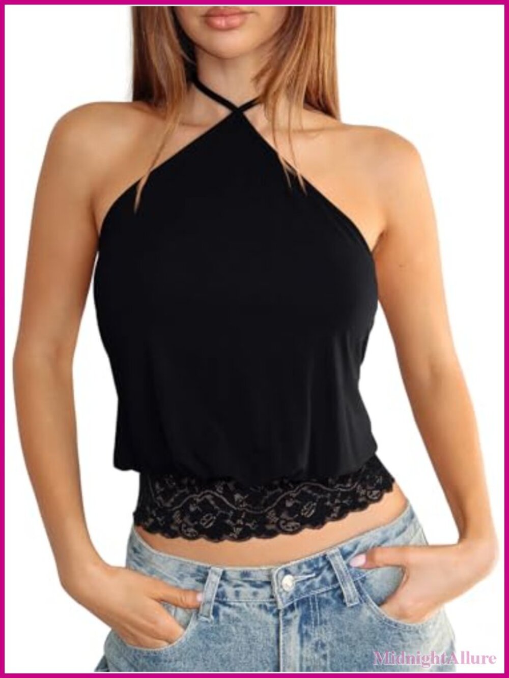 Halter Lace Trim Backless Crop Tank Top Y2K Going Out